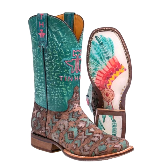 Tin Haul Shoes - TIN HAUL "Painted Warrior" teal green/blue & brown Aztec square toe boots sz 9.5